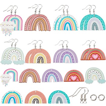 16Pcs 8 Styles Rainbow Acrylic Charm Dangle Earring Making Kits, with 30Pcs Brass Open Jump Rings and 20pcs Brass Earring Hooks, Mixed Color, Pendants: 28.5~38x32.5~40x2~3mm, Hole: 1.4~1.8mm, 2pcs/style