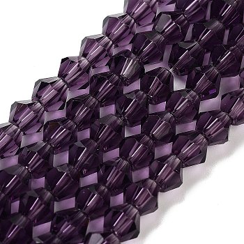 Imitation Austrian Crystal 5301 Bicone Beads, Faceted Glass Beads Strands, Purple, 6x6mm, Hole: 1.2mm, about 44~47pcs/strand, 24.5~25cm