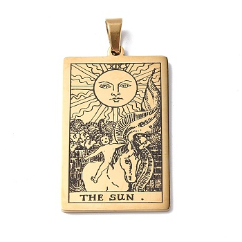 201 Stainless Steel Pendant, Golden, Rectangle with Tarot Pattern, The Sun XIX, 40x24x1.5mm, Hole: 4x7mm