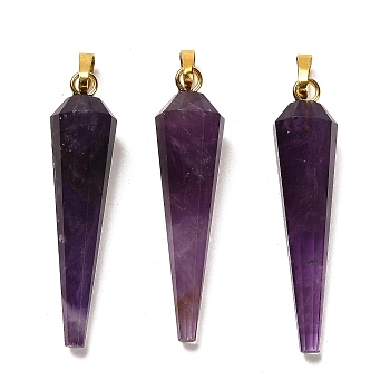 Natural Amethyst Pointed Pendants, Faceted Cone Charms with Golden Plated Barss Snap on Bails, 35~35.5x8~8.5mm, Hole: 6.5x4mm