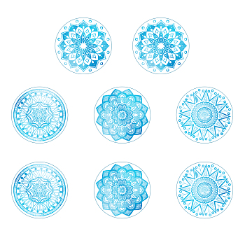 Flat Round PVC Plastic Self Adhesive Window Decorations Accessories, Light Sky Blue, Flower Pattern, 295x160mm, 4pcs/set