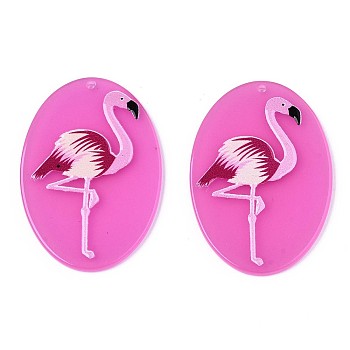 Translucent Cellulose Acetate(Resin) Pendants, 3D Printed, Oval with Flamingo Pattern, Magenta, 45x31x2.5mm, Hole: 1.5mm