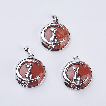 Natural Red Jasper Kitten Pendants, with Brass Findings, Flat Round with Cat & Crescent Moon Shape, Platinum, 32x27.5x10mm, Hole: 5x7mm