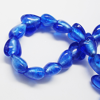 Handmade Silver Foil Glass Beads, Heart, Blue, 28x24~28x15~17mm, Hole: 2mm