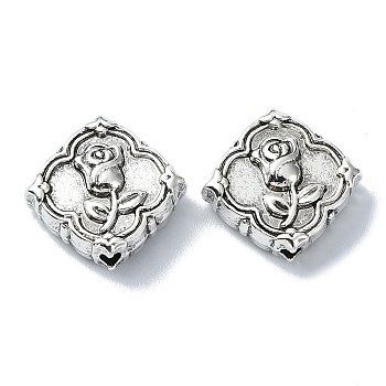 Tibetan Style Alloy Beads, Rhombus with Rose Flower, Antique Silver, 14x14.5x5mm, Hole: 1.6mm, about 217pcs/500g