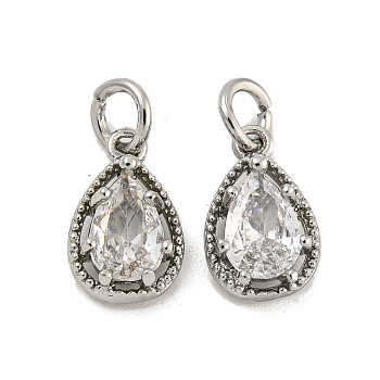 Brass Micro Pave Clear Cubic Zirconia Pendants, Teardrop, Platinum, 9.5x6x3.5mm, Hole: 2.4mm