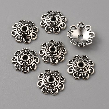 Tibetan Style Alloy Bead Caps, Multi-Petal, Flower, Antique Silver, 12x3mm, Hole: 2mm