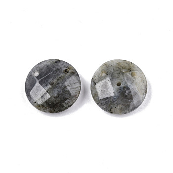 Natural Labradorite Connector Charms, Faceted, Flat Round, 20x6~7mm, Hole: 1.4mm, Half Hole: 1.5mm