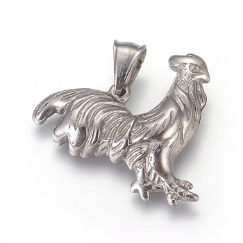 304 Stainless Steel Pendants, Rooster, Stainless Steel Color, 28.5x31.5x5.5mm, Hole: 5x7.5mm