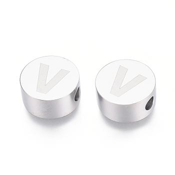 304 Stainless Steel Beads, Flat Round with Letter, Letter.V, 10x4.5mm, Hole: 2mm