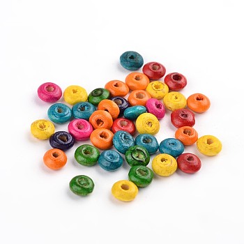 Natural Wood Beads, Button, Lead Free, Dyed, Rondelle, Mixed Color, 6x3mm, Hole: 1.6~2mm, about 25440pcs/1000g
