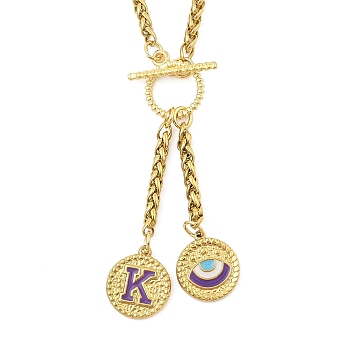 Ion Plating(IP) 304 Stainless Steel Purple Enamel Letter & Eye Pendant Wheat Chain Necklaces, with Toggle Clasps, Golden, Letter K, 20.47~20.87 inch(52~53cm)