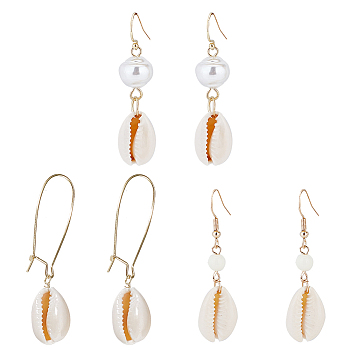 3 Pairs 3 Style Narural Shell Dangle Earrings, Light Gold Alloy Jewelry for Women, Seashell Color, 40~53mm, Pin: 0.6~0.7mm, 1 Pair/style