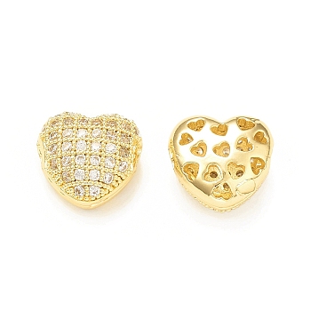 Brass Micro Pave Cubic Zirconia Beads, Heart, Real 18K Gold Plated, 10.5x11x6mm, Hole: 2.5mm