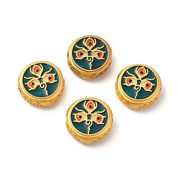Alloy Beads, with Enamel, Golden, Flat Round with God of Wealth & Eye, Prussian Blue, 13~13.5x4.5mm, Hole: 2mm