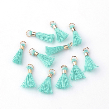 Polycotton(Polyester Cotton) Tassel Pendant Decorations, with Unwelded Iron Jump Rings, Golden, Turquoise, 10~16x2mm, Hole: 1.5mm