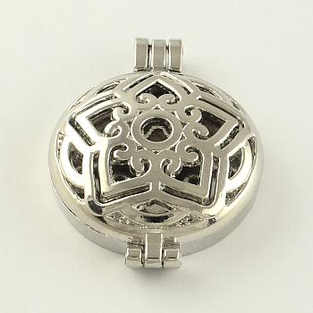 Rack Plating Hollow Brass Diffuser Locket Pendants, Flat Round with Flower, Platinum, 44x33x11mm, Hole: 3.5~4mm, inner measure: 30mm
