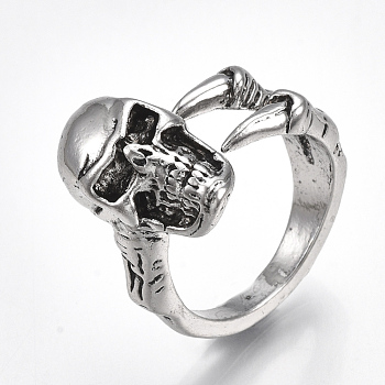 Alloy Cuff Finger Rings, Wide Band Rings, Skull, Antique Silver, Size 9, 19mm