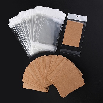 100Pcs Rectangle Kraft Paper One Pair Earring Display Cards with Hanging Hole, Jewelry Display Card for Pendants and Earrings Storage, with 100Pcs White Header OPP Cellophane Bags, BurlyWood, Cards: 90x60x0.6mm, hole: 6mm and 1.6mm