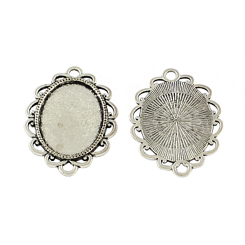 Tibetan Style Zinc Alloy Cabochon Connector Settings, Lead Free & Cadmium Free, Oval, Antique Silver, Tray: 25x18mm, 36x26x2mm, Hole: 3mm, about 125pcs/500g