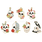 14Pcs 7 Styles Halloween Alloy Pendants, with Enamel, Light Gold, Skull Charm, Mixed Color, 28~30x19~22x1mm, Hole: 1.6~2mm, 2pcs/style(ENAM-YW0004-69)