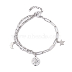 Tarnish Resistant Sun & Moon & Star Charm Bracelets, with 304 Stainless Steel Paperclip Chains, Stainless Steel Color, 7-1/4 inch(18.5cm)(BJEW-JB09844)