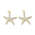 Brass Micro Pave Clear Cubic Zirconia Pendants, Starfish Charms, Long-Lasting Plated, Cadmium Free & Lead Free, Rack Plating, Real 18K Gold Plated, 23.5x22.5x4mm, Hole: 3.5mm(KK-C257-03G)