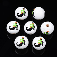 Halloween Printed Natural Wood Beads, Round with Witch Feet, Lime, 15.5x14.5mm, Hole: 4mm(WOOD-S057-076)