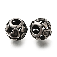 304 Stainless Steel European Beads, Large Hole Beads, Round with Heart, Antique Silver, 9x8.5mm, Hole: 4mm(STAS-D191-17C-AS)