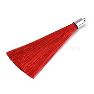 Fiber Tassel Big Pendant Decorations, with Platinum Plated Brass Finding, Red, 70~73x7~25mm, Hole: 1.8mm(FIND-R085-016)