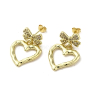 Brass Micro Pave Cubic Zirconia Dangle Stud Earrings, Bowknot & Heart, Lead Free & Cadmium Free, Long-Lasting Plated, Real 18K Gold Plated, 28x19mm(EJEW-G381-06G)