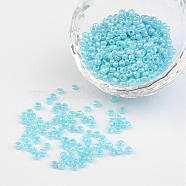 8/0 Ceylon Round Glass Seed Beads, Pale Turquoise, Size: about 3mm in diameter, hole:1mm, about 1101pcs/50g(X-SEED-A011-3mm-143)
