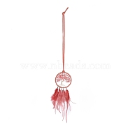 Iron Woven Web/Net with Feather Pendant Decorations, & Cherry Quartz Glass Tree of Life Hanging Ornament, with Plastic Beads, Flat Round, Cerise, 490mm(AJEW-P097-11)