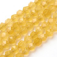 Natural Jade Beads Strands, Star Cut Round Beads, Dyed, Faceted, Gold, 7~8mm, Hole: 1mm, about 47~48pcs/strand, 14.5 inch~15 inch(37~38cm)(X-G-F545-E21)