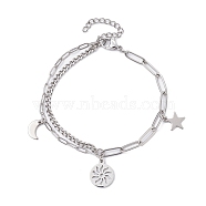 Sun & Moon & Star Charm Bracelets, with 304 Stainless Steel Paperclip Chains, Stainless Steel Color, 7-1/4 inch(18.5cm)(BJEW-JB09844)