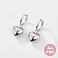 Sterling Silver Hoop Earrings, Heart, with S925 Stamp, Silver, 32x13.8mm(ZQ9418)