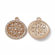 Alloy Rhinestones Pendants, Flat Round with Flower Charms, Light Gold, 22x19x2.7mm, Hole: 1.7mm(FIND-A024-60LG)