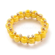 Round Glass Seed Beaded Finger Rings, with Real 18K Gold Plated Copper Wire, Yellow, US Size 10 3/4(20.3mm)(RJEW-JR00307-03)