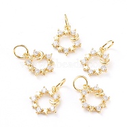 Brass Micro Pave Clear Cubic Zirconia Charms, with Jump Rings, Long-Lasting Plated, Ring & Star & Moon, Real 18K Gold Plated, 13.7x11.8x2mm, Jump Ring: 6.1x0.8mm, Hole: 4.5mm(ZIRC-I043-26G)