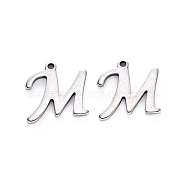 201 Stainless Steel Charms, Laser Cut, Stainless Steel Color, Letter.M, 12x12x1mm, Hole: 1mm(STAS-R105-M)
