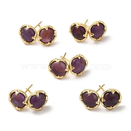 Natural Amethyst Flat Round Stud Earrings, Rack Plating Brass Jewelry, Cadmium Free & Lead Free, Real 18K Gold Plated, 9x9mm(EJEW-A099-02G)