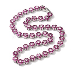 Rack Plating Brass Pave Cubic Zirconia Flower Link Necklaces for Women, Cadmium Free & Lead Free, Long-Lasting Plated, Platinum, Magenta, 16.26 inch(413mm)(NJEW-B108-01P-01)