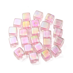 UV Plating Transparent Acrylic European Beads, Large Hole Beads, Cube, Pink, 13.5x13.5x13.5mm, Hole: 4mm(OACR-F004-10F)