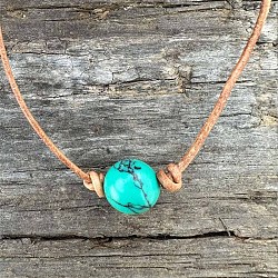 Synthetic Turquoise Round Ball Pendant Genuine Leather Handmade Necklace Simple Elegant Jewelry(IU3089-3)