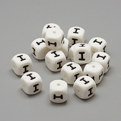 Food Grade Eco-Friendly Silicone Beads, Horizontal Hole, DIY Necklaces Making, Letter Style, Cube, White, 12x12x12mm, Hole: 2mm(X-SIL-R001-I)