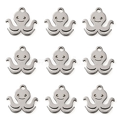 304 Stainless Steel Charms, Octopus, Stainless Steel Color, 9x10x1mm, Hole: 1mm(STAS-CJC0008-06P)