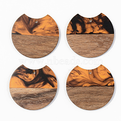 Resin & Walnut Wood Pendants, Gap Flat Round, Orange, 34x36.5x3mm, Hole: 2mm(RESI-S389-001A-A01)