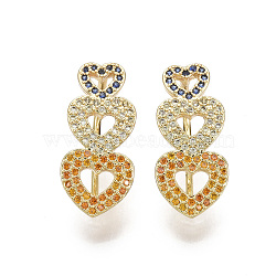 Brass Micro Pave Cubic Zirconia Dangle Earrings, Nickel Free, Heart, Colorful, Real 18K Gold Plated, 21x9.5x9.5mm, Pin: 0.8mm(EJEW-R144-005-NF)