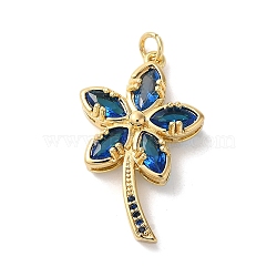 Rack Plating Brass Micro Pave Cubic Zirconia Pendants, with Glass, Long-Lasting Plated, Lead Free & Cadmium Free, Leaf, Golden, Blue, 31x19.5x2mm, Hole: 3mm(KK-U022-13B-G)