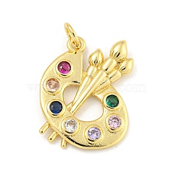 Rack Plating Brass Pave Colorful Cubic Zirconia Pendants, Painting Palette Charms with Jump Ring, Long-Lasting Plated, Cadmium Free & Lead Free, Real 18K Gold Plated, 22x16x2.5mm, Hole: 3mm(KK-Z048-05G)